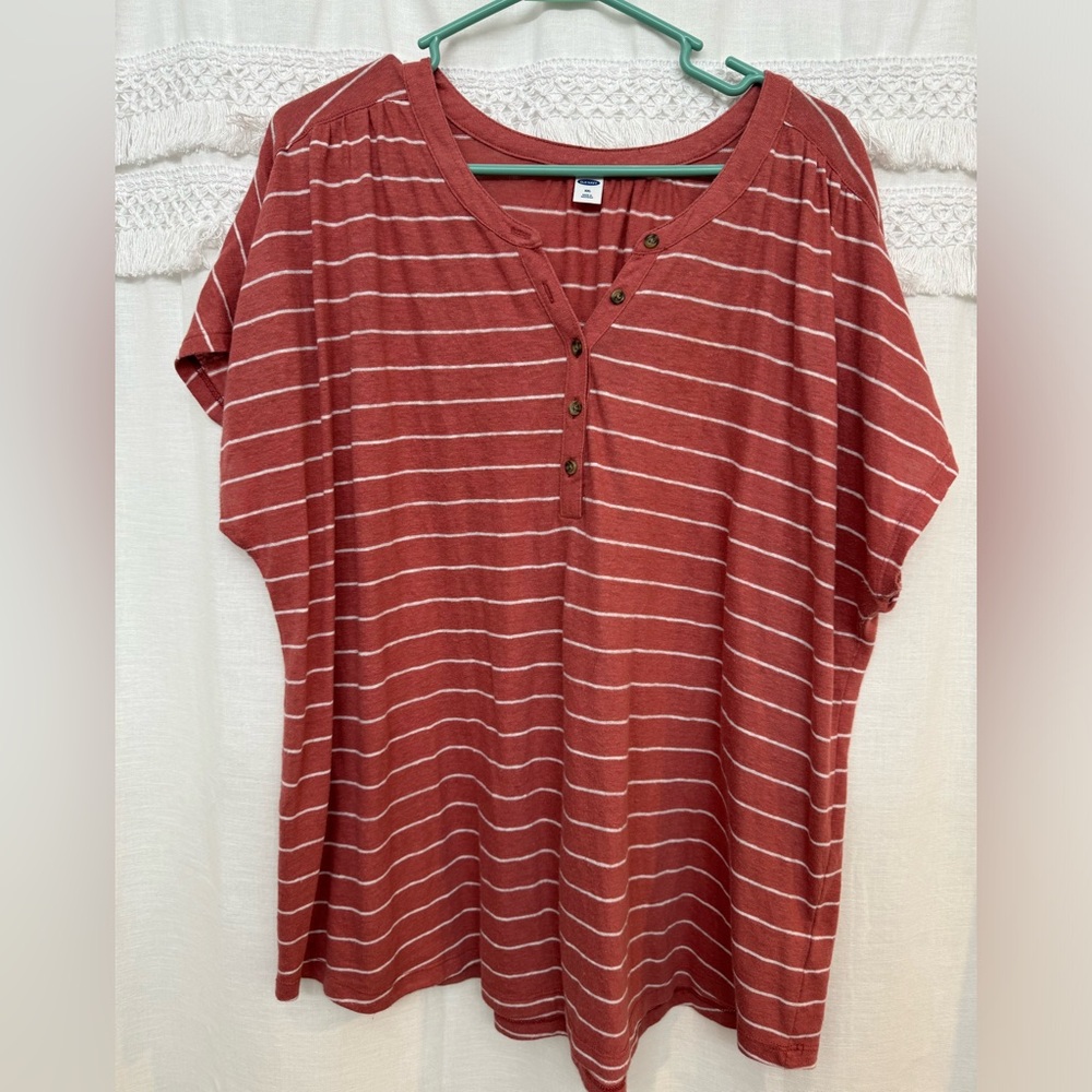 Old Navy Coral Striped/Button Short Sleeve Tee